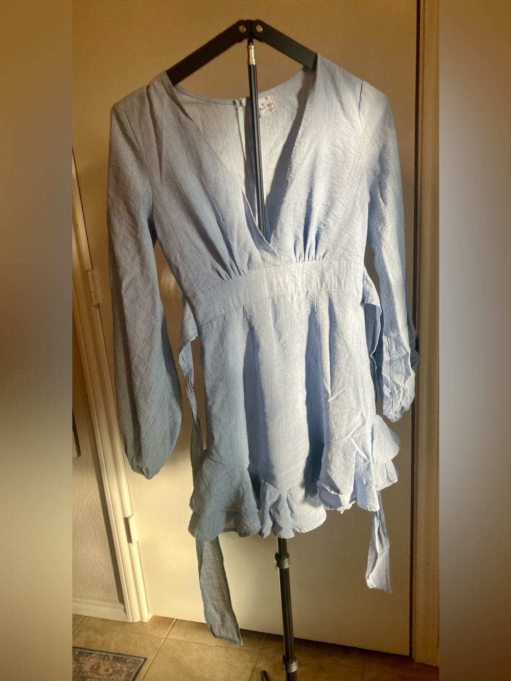 Angel Biba Dusty Blue Ruffle Mini Dress Waist Tie Sashes - Size Small - Picture 5 of 7